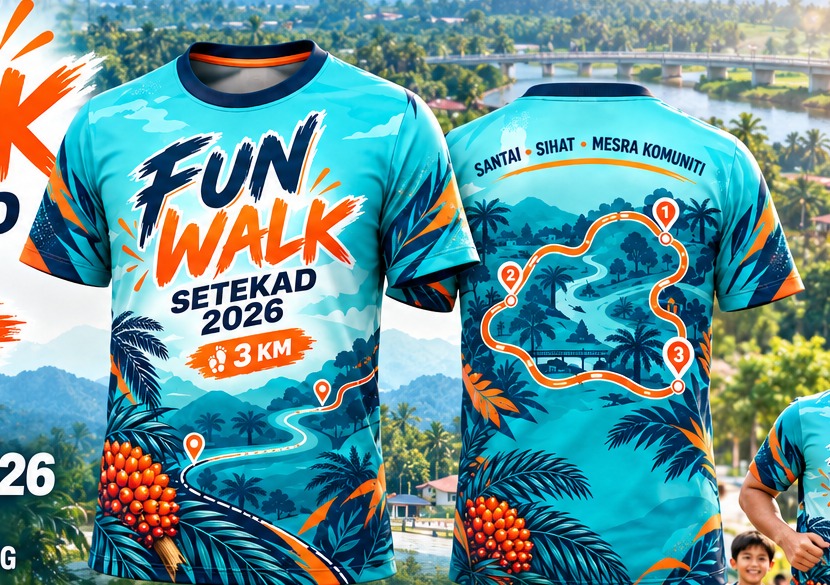 Visual konsep baju Fun Walk Setekad 2026 berwarna turkuois dengan motif sawit